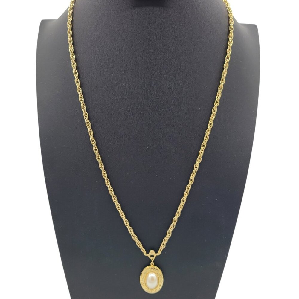 Vtg 1928 Antique Inspired Faux Pearl Locket Pendant Necklace Antiqued Gold Toned